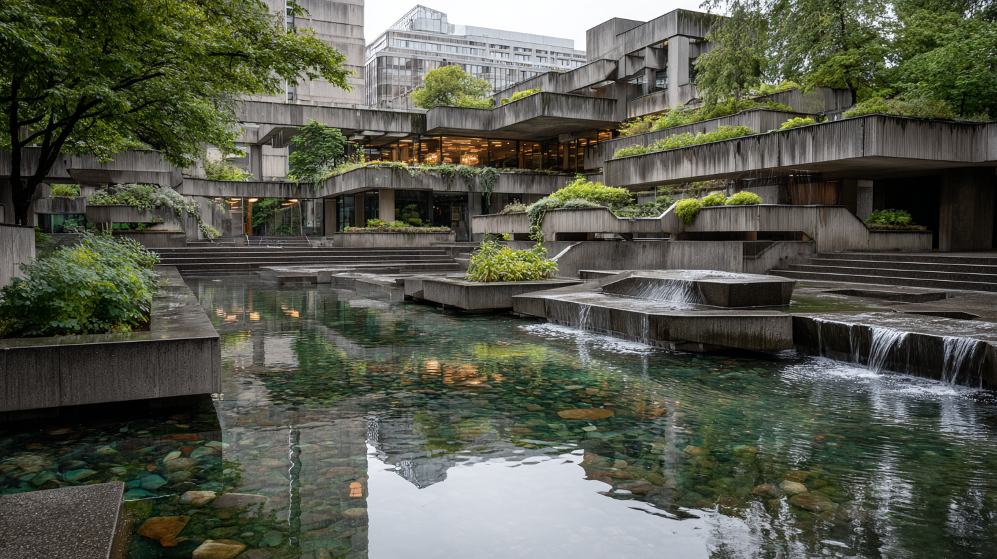 Wide-angle render of Robson Square showing multi-level concrete terraces, reflecting pools, and cascading water features framed by trees and glazed interiors.