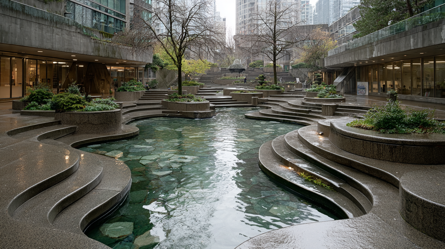 Photorealistic view of Robson Square’s terraced concrete steps meeting a reflecting pool, with modernist form and gentle tree canopy set against a city backdrop.