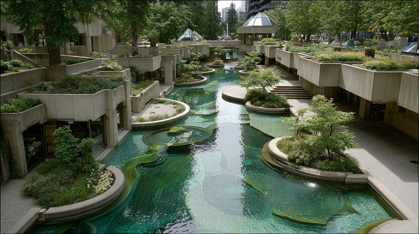 Aerial-like view of Robson Square’s central watercourse with round planters, layered walkways, and lush vegetation integrated into the urban park’s concrete design.