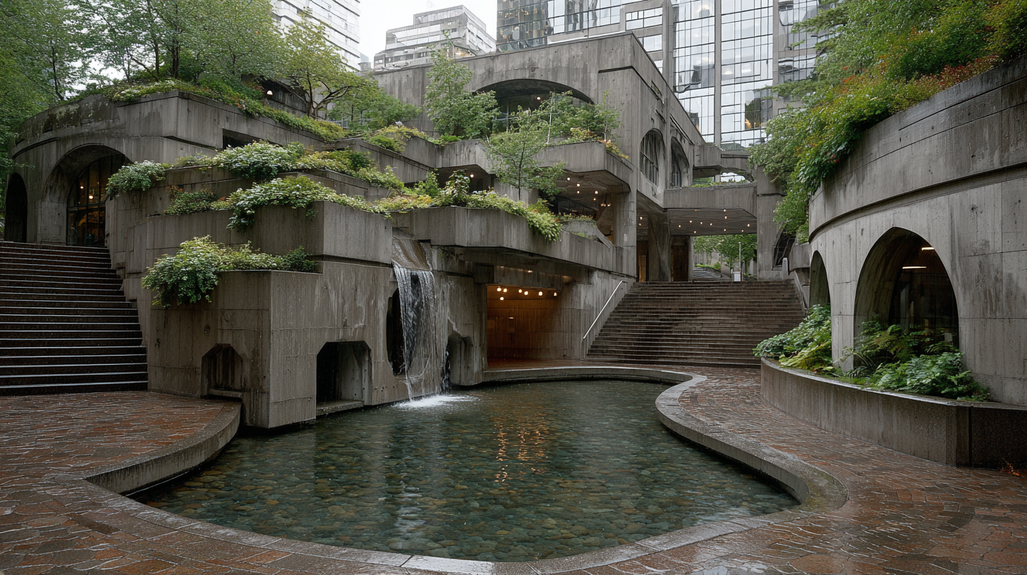 Architectural render of Robson Square’s sunken courtyard featuring a cascading waterfall, curved pool, and foliage blending with rose-tinted concrete forms.
