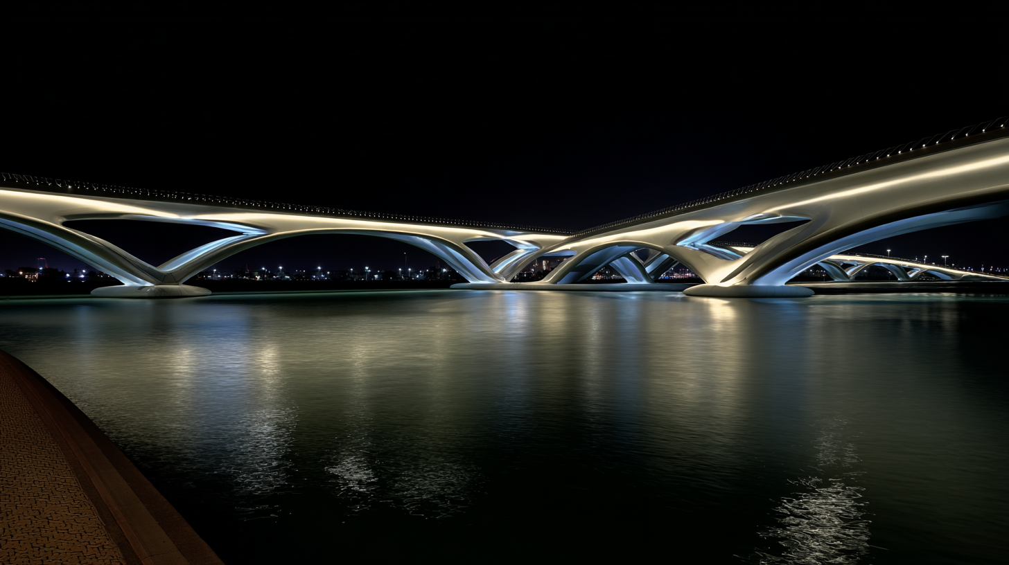 Nighttime image of Sheikh Zayed Bridge in Abu Dhabi by Zaha Hadid showing glowing arches that curve and dip like dunes, reflected on the water, photographed with long exposure from a low angle.