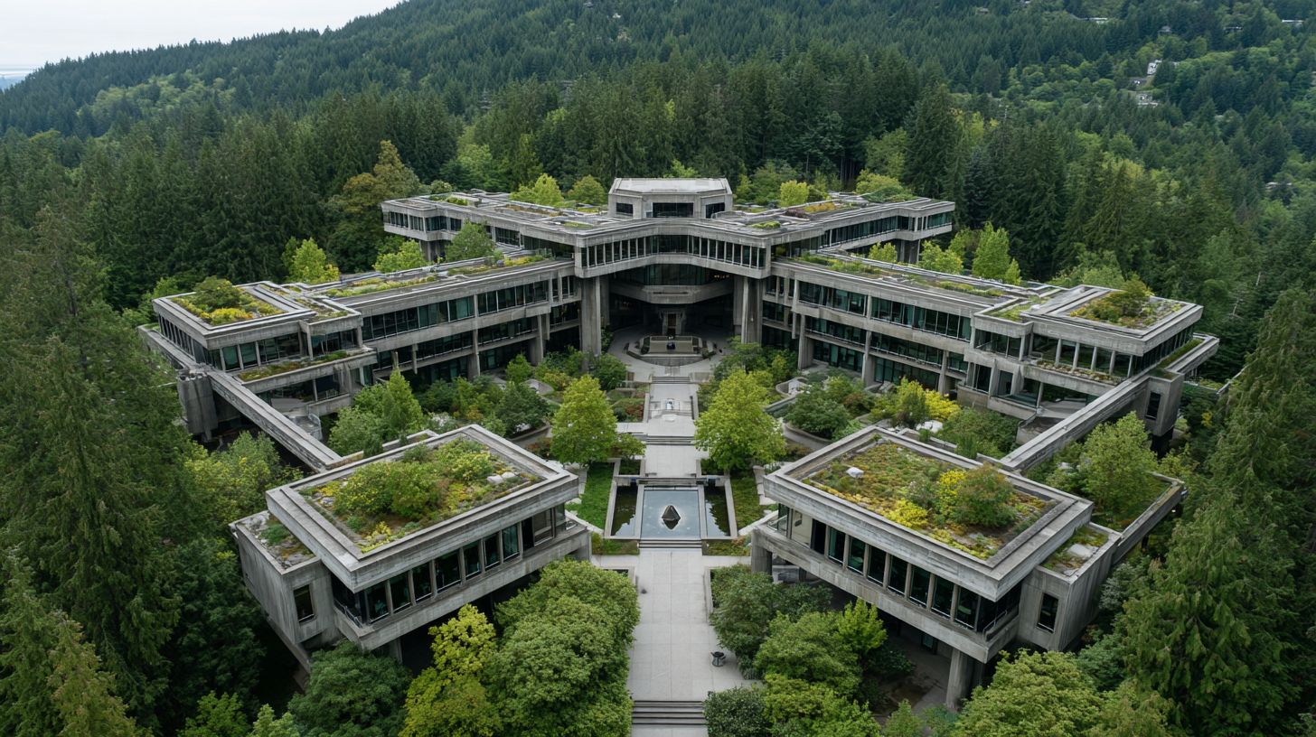 High-altitude photorealistic render of Simon Fraser University in Burnaby, showing monumental concrete architecture in symmetrical formation amid dense forest, captured in diffuse daylight from above.
