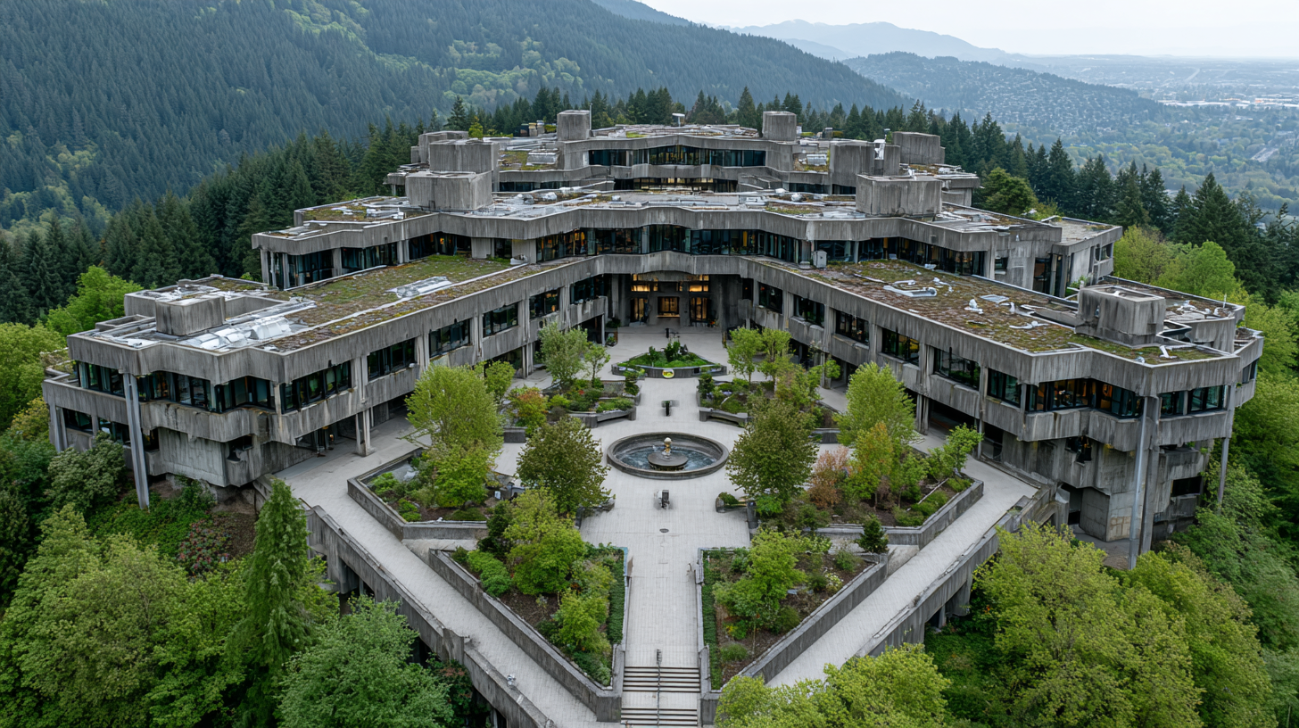 Photoreal render of Simon Fraser University’s courtyard design with a circular fountain, nestled in concrete structures and green forest, viewed from an elevated angle with sharp clarity.