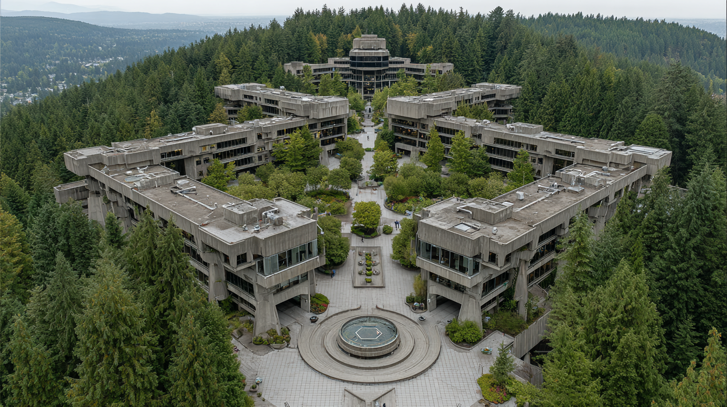 Aerial perspective of Simon Fraser University’s concrete architecture surrounded by trees, showing the central academic plaza and bold geometric layout under soft natural light.