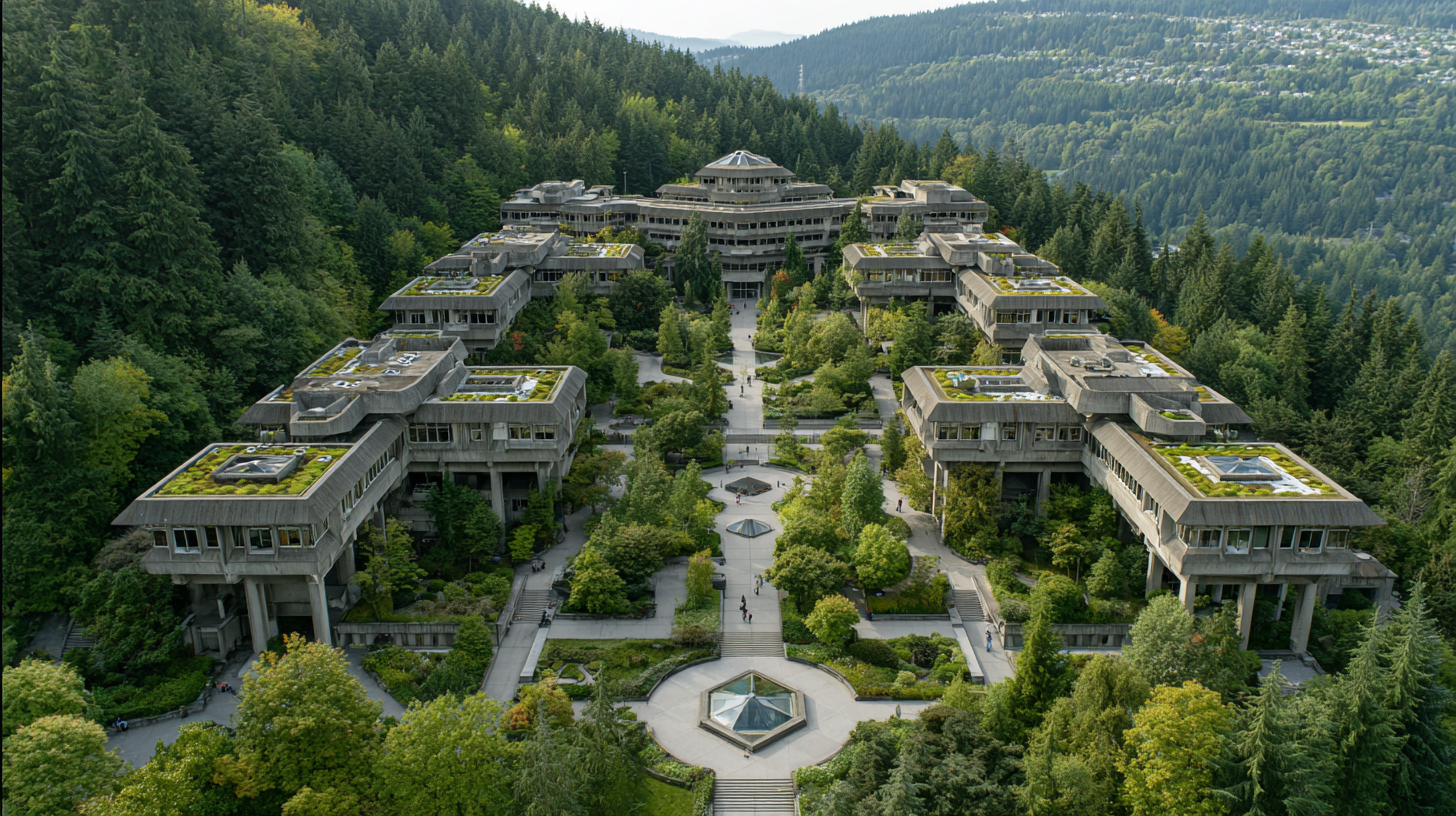 Wide-angle render of the complete Simon Fraser University campus layout from above, showing linear brutalist architecture and green rooftops stretching across a forested ridge.
