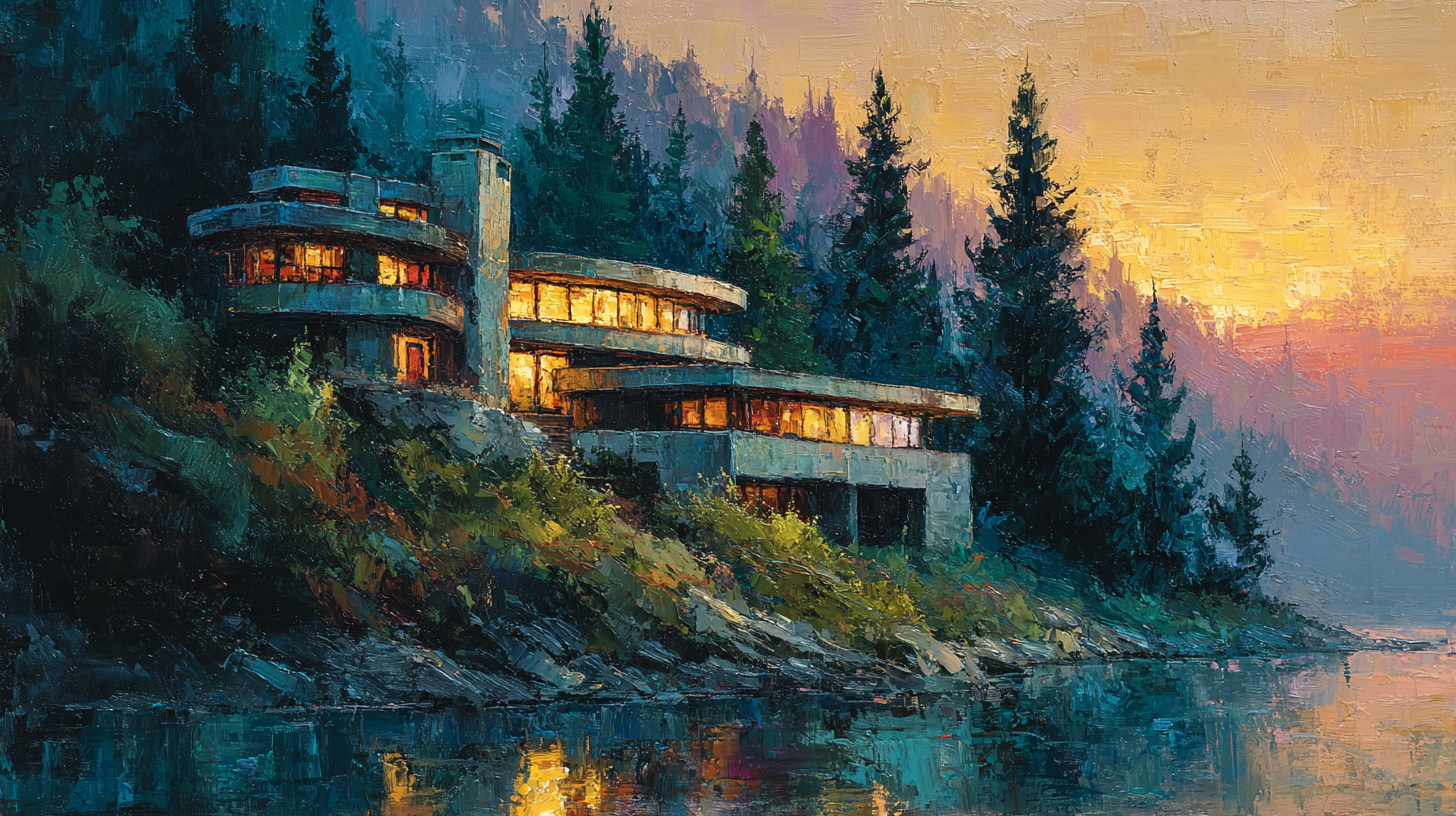 Impressionist painting of a curved modernist home by a lake at twilight, with reflected light and dark forest backdrop, inspired by Arthur Erickson’s architectural style.