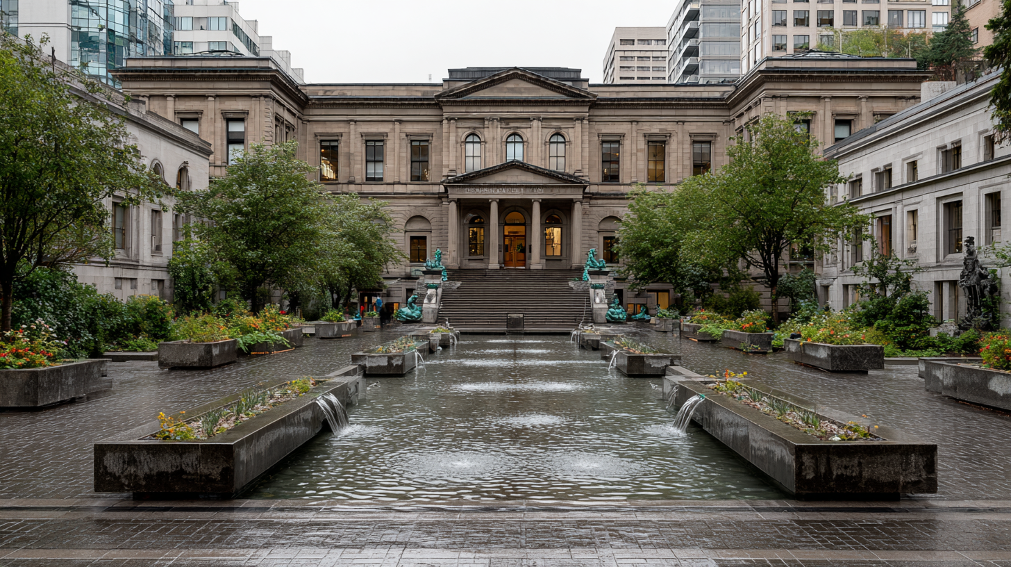 View of the Vancouver Art Gallery’s central fountain and formal stairs leading to the historic courthouse façade, surrounded by planters and urban landscaping.