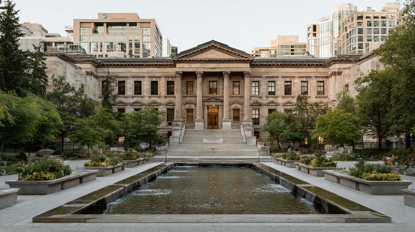 Urban garden space in front of the Vancouver Art Gallery, showing green trees, concrete benches, and pathways leading toward the historic building and its renovated plaza.