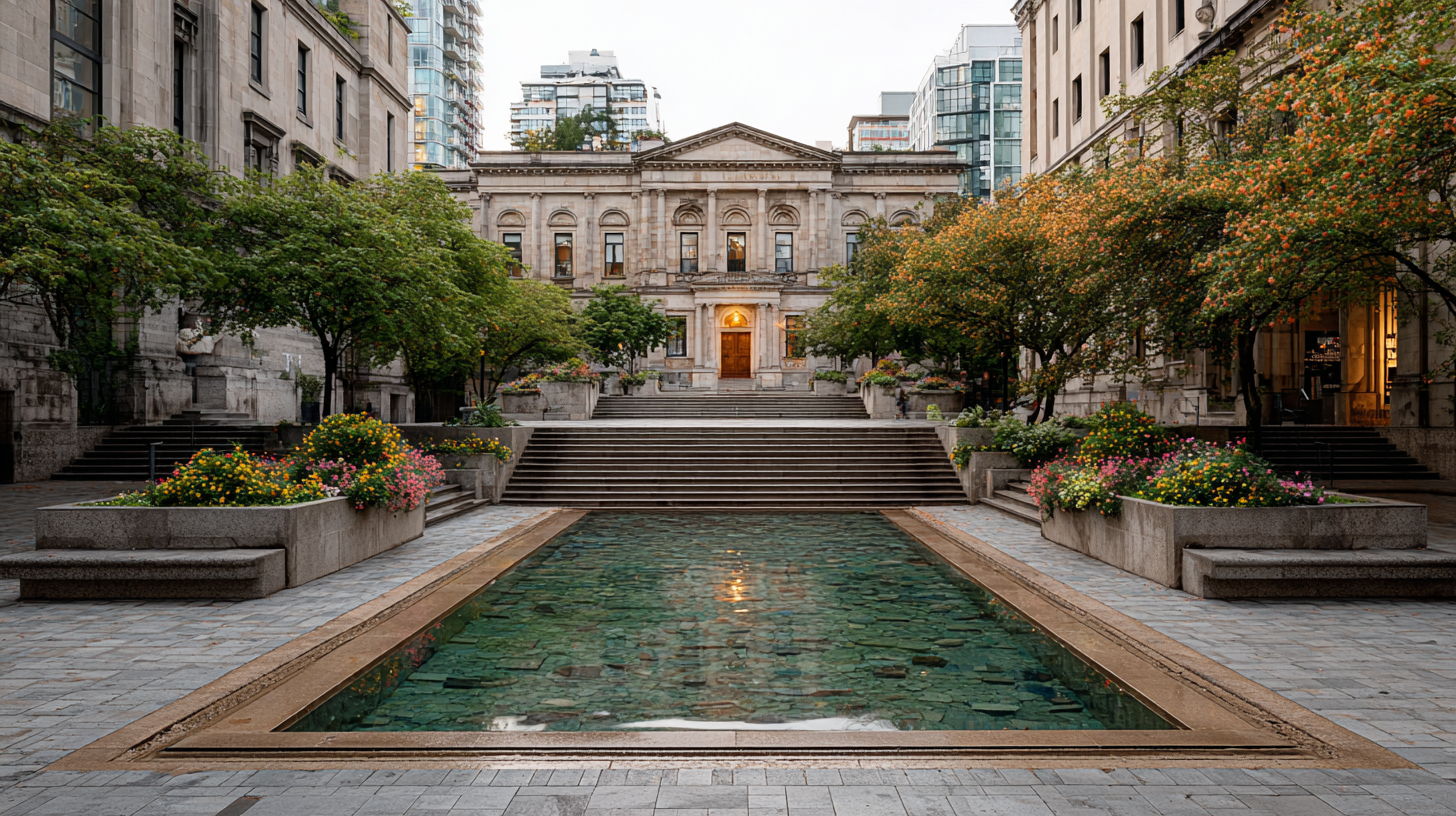Ground-level view of the Vancouver Art Gallery with a geometric reflecting pool, stone pathways, and lush plantings leading to the grand staircase and classical façade.