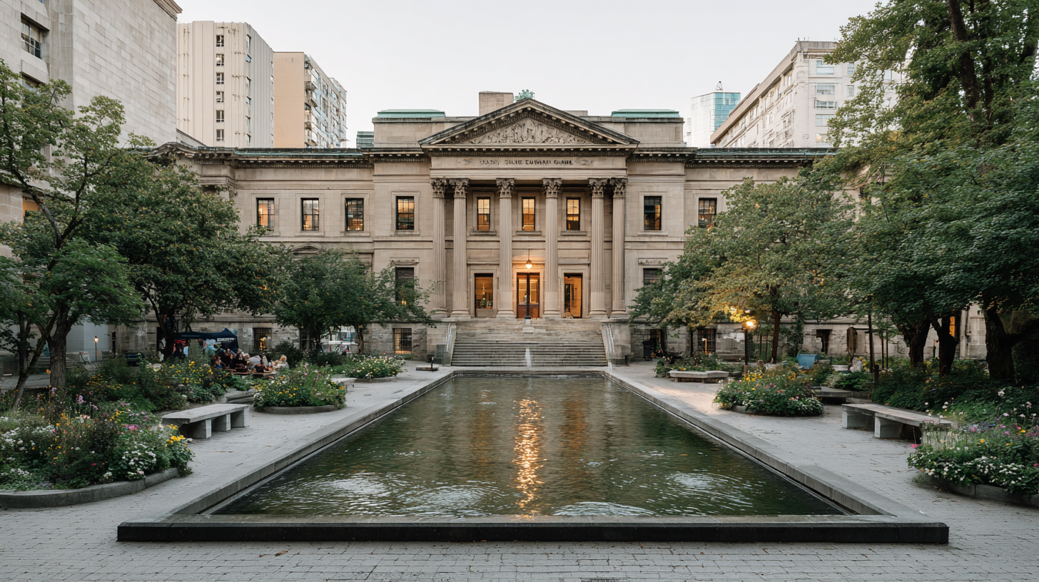 Photorealistic image of the Vancouver Art Gallery with a reflecting pool in the foreground and symmetrical neoclassical architecture rising behind, framed by trees and public pathways.