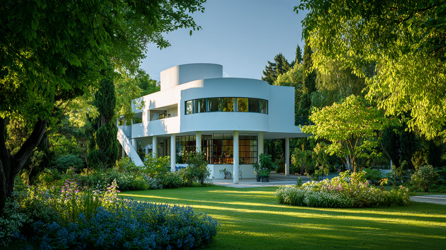 Render of Villa Savoye in Poissy, France designed by Le Corbusier, showing white pilotis, ribbon windows, and open geometric form surrounded by manicured greenery, photographed from a low angle in daylight to highlight elevated modernist design and connection with nature.