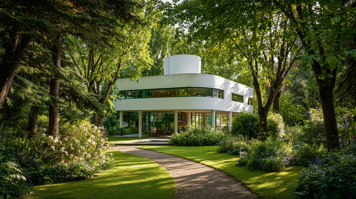 Render of Villa Savoye in Poissy, France designed by Le Corbusier, featuring white pilotis, ribbon windows, and clean modernist geometry surrounded by lush greenery, photographed from a low angle in daylight to highlight elevated structure and integration with nature.