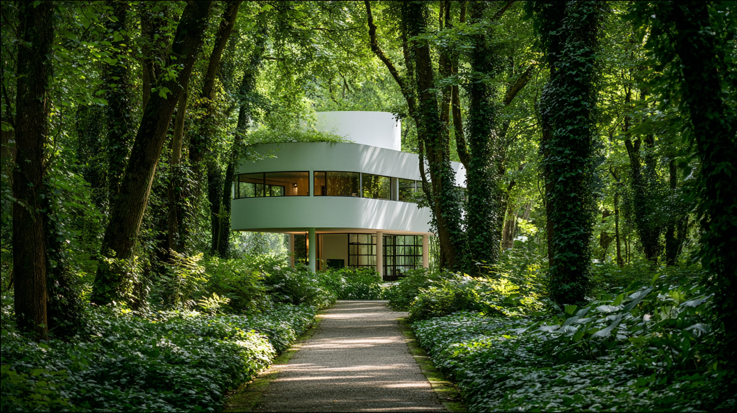 Render of Villa Savoye in Poissy, France designed by Le Corbusier, featuring white pilotis, ribbon windows, and geometric modernist form surrounded by forest greenery, photographed from a low angle to emphasize elevation and architectural harmony with nature.