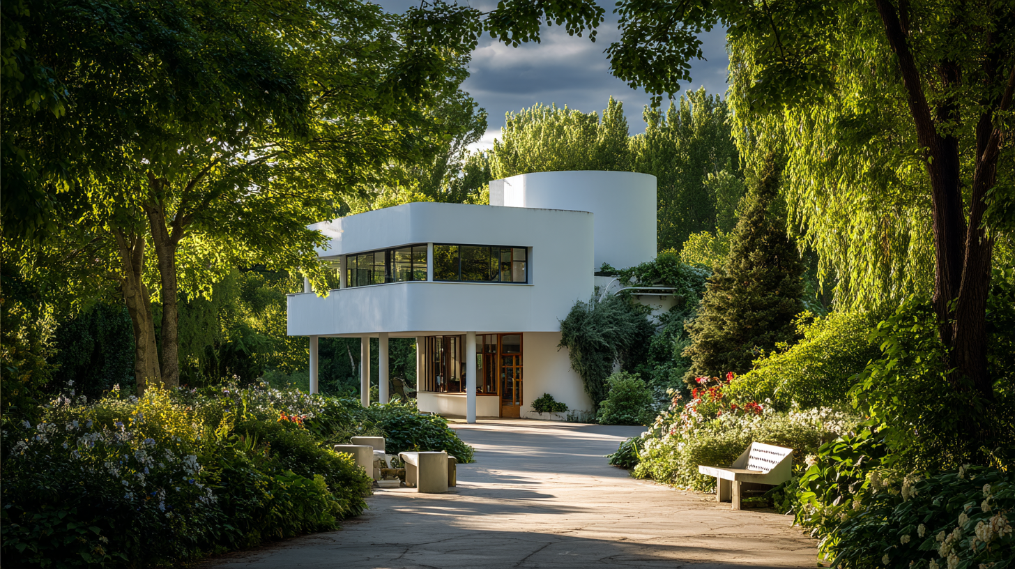 Render of Villa Savoye in Poissy, France designed by Le Corbusier, showing white pilotis, ribbon windows, and geometric modernist form surrounded by lush greenery, photographed in daylight from a low angle to highlight elevated design and natural harmony.