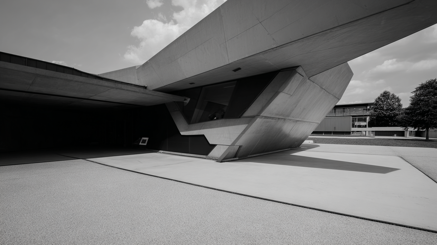 Render of Vitra Fire Station in Weil am Rhein, Germany designed by Zaha Hadid, showing sharp intersecting concrete planes and angular geometry under crisp daylight, photographed from a wide low-angle to emphasize speed and deconstructivist style.