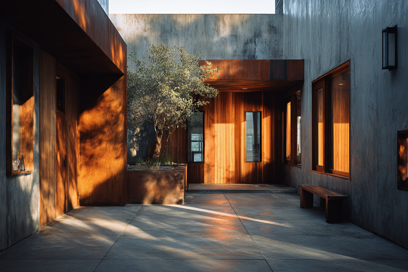 Kings Road House courtyard bathed in late afternoon light, warm reflections on wooden panels and concrete walls, capturing harmony between structure, texture, and light.