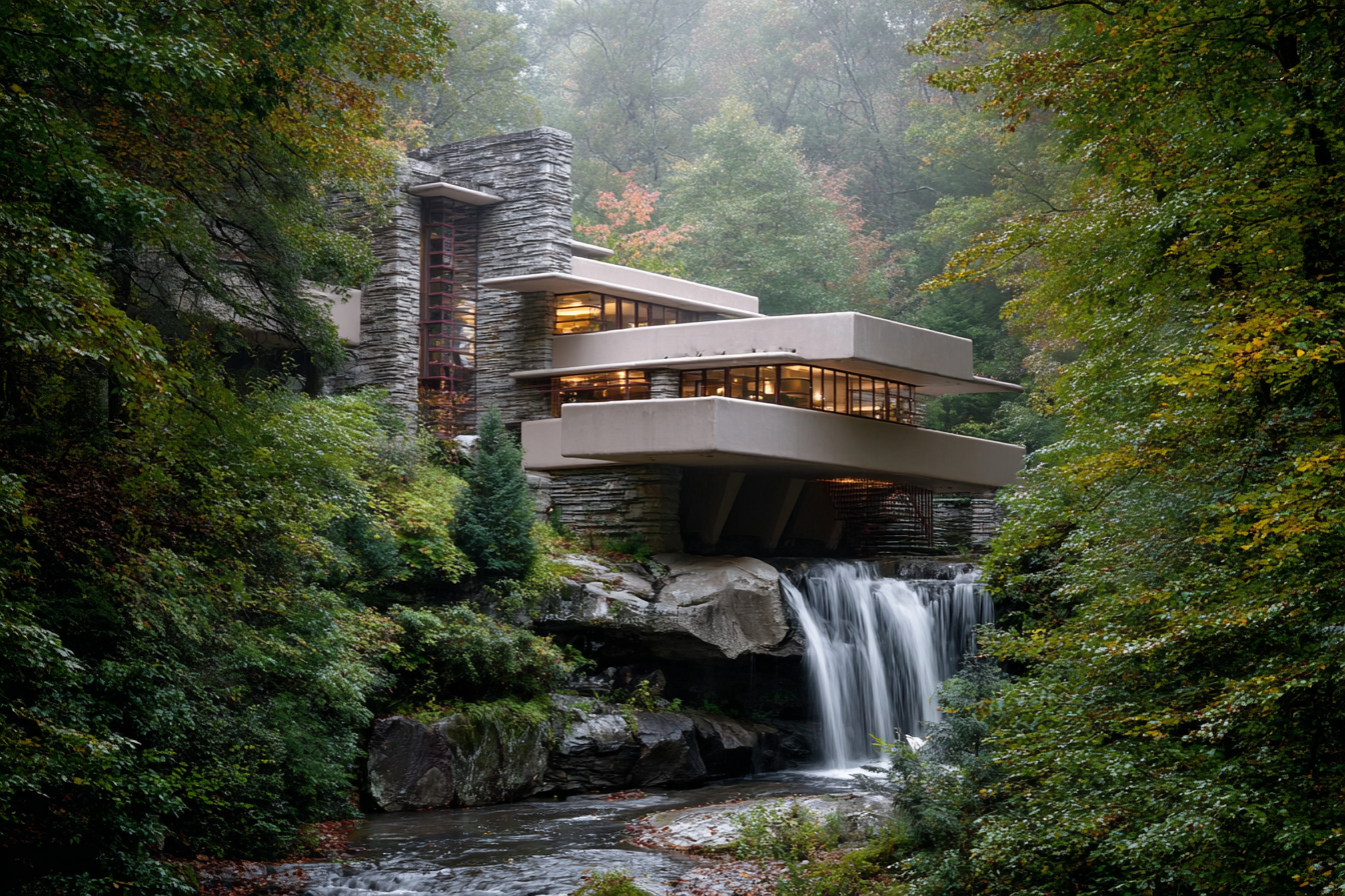 Fallingwater viewed from below with autumn foliage and soft golden tones, stone terraces extending above a clear waterfall, blending modern design with forest atmosphere.