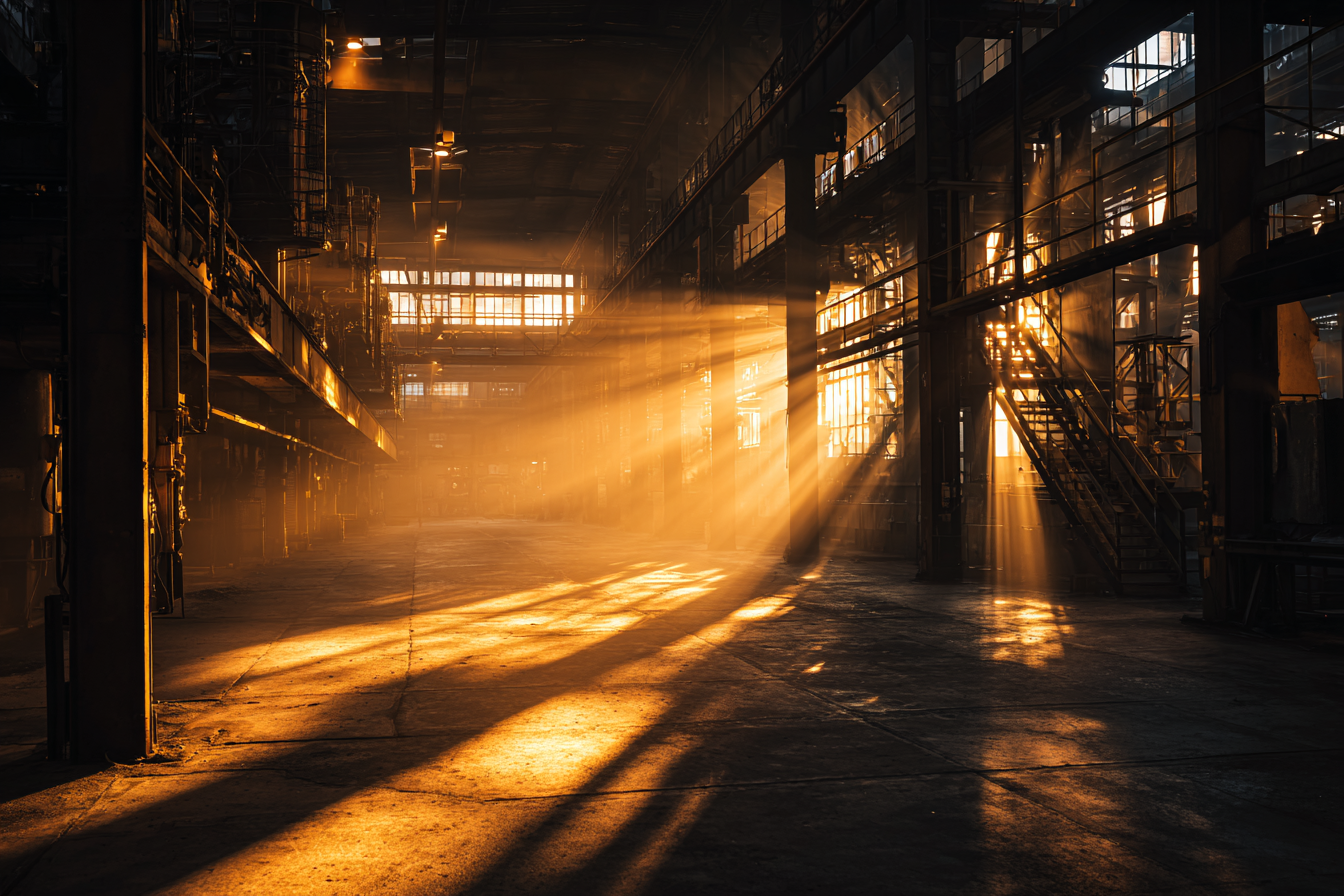 Interior of AEG Turbine Factory with golden light flooding through tall windows and steel framework, evoking the grandeur of industrial architecture under Peter Behrens.