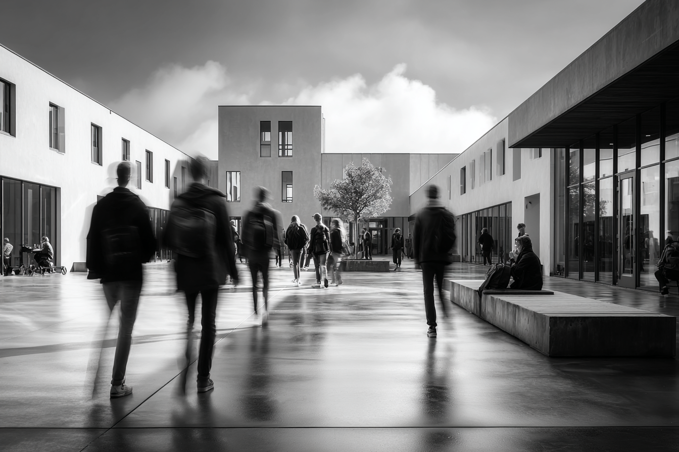 Group of students walking across reflective Bauhaus courtyard after rain, sunlight diffusing through modernist facades, evoking collective energy and balance.