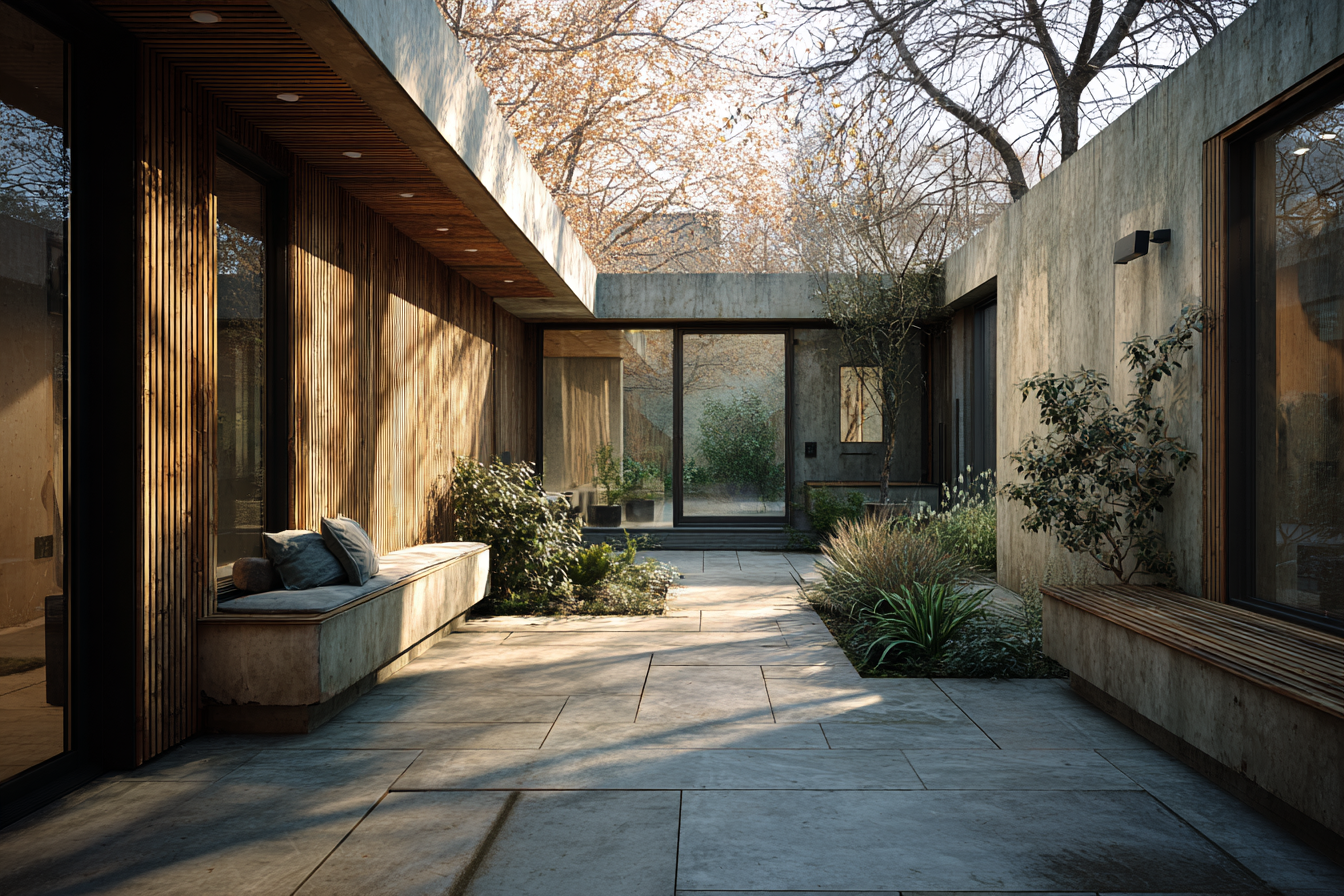 Kings Road House courtyard with soft afternoon light over concrete and wood, surrounded by greenery and seating, expressing open, human-centered modernist design.