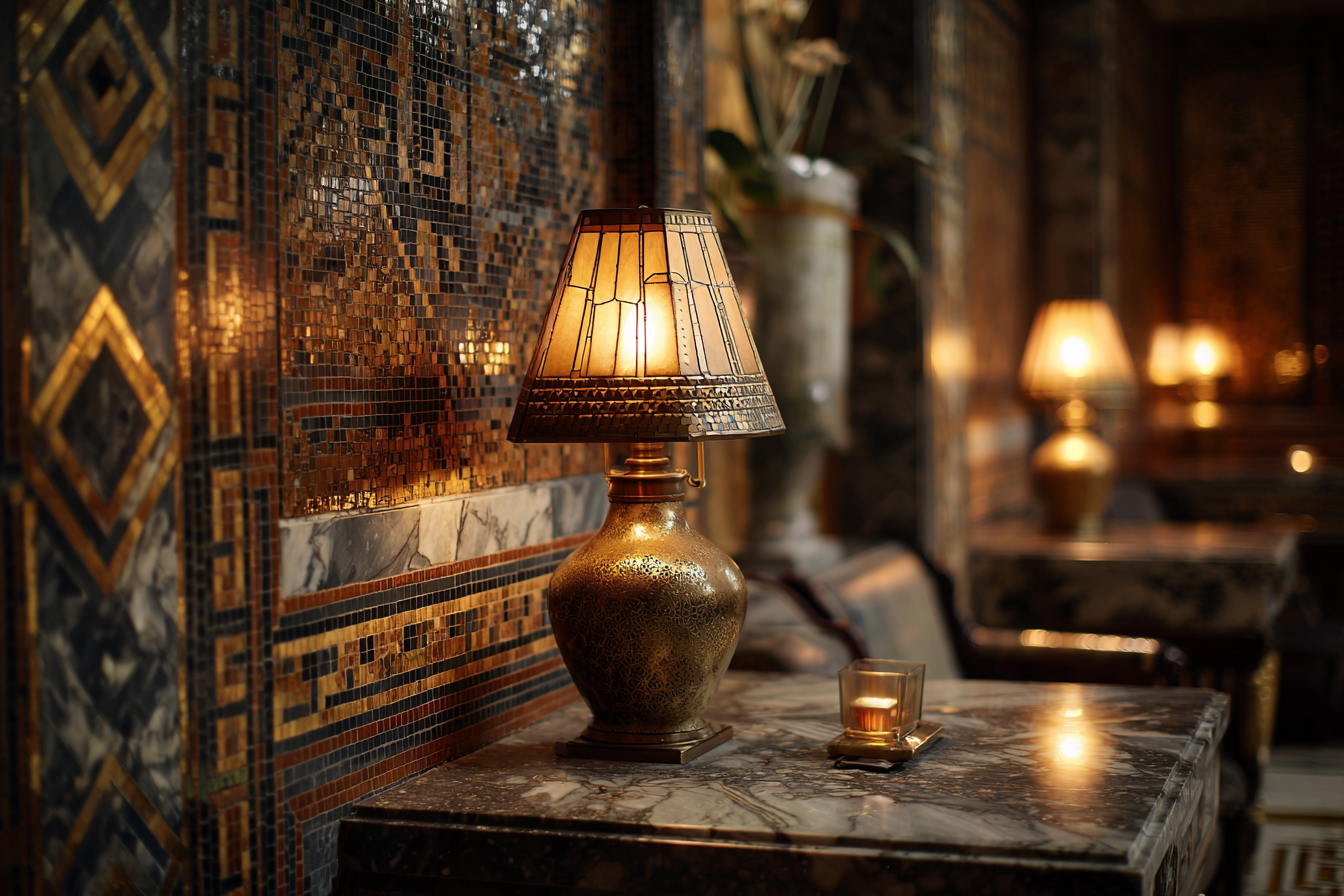 Close-up of Stoclet House interior with brass lamp on marble table beside mosaic wall, soft light and warm tones highlighting detailed craftsmanship and Vienna Secession artistry.