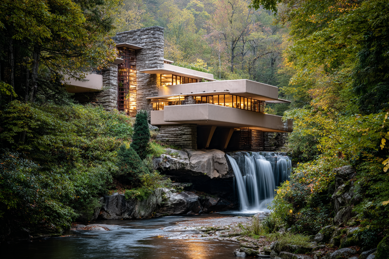 Fallingwater house framed by colorful autumn trees and flowing waterfall, soft morning mist and light emphasizing the organic geometry of its cantilevered terraces.