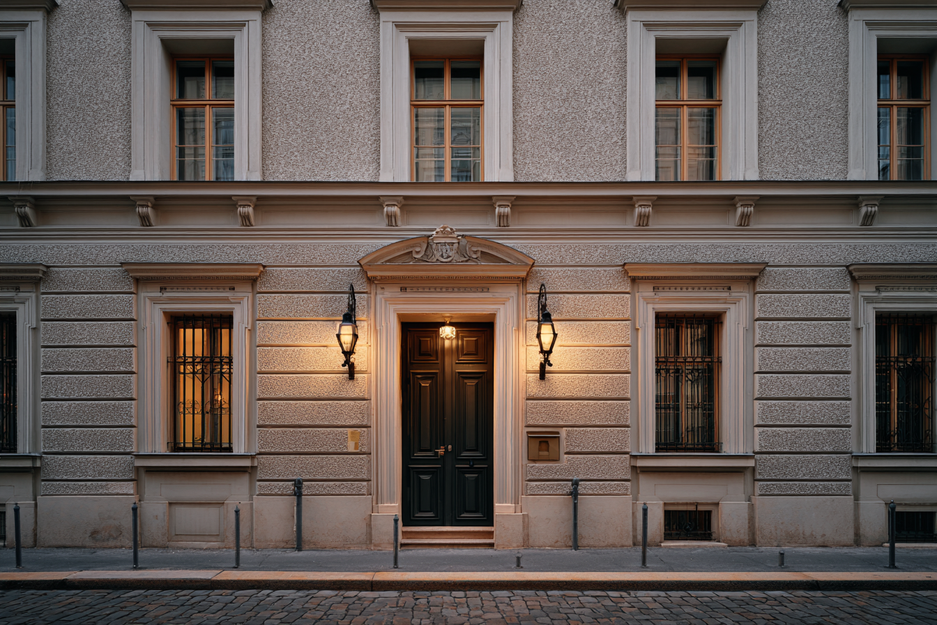 Historic Viennese townhouse at dusk with warm window lighting and classic symmetrical design, featuring stone details and muted texture under gentle illumination.