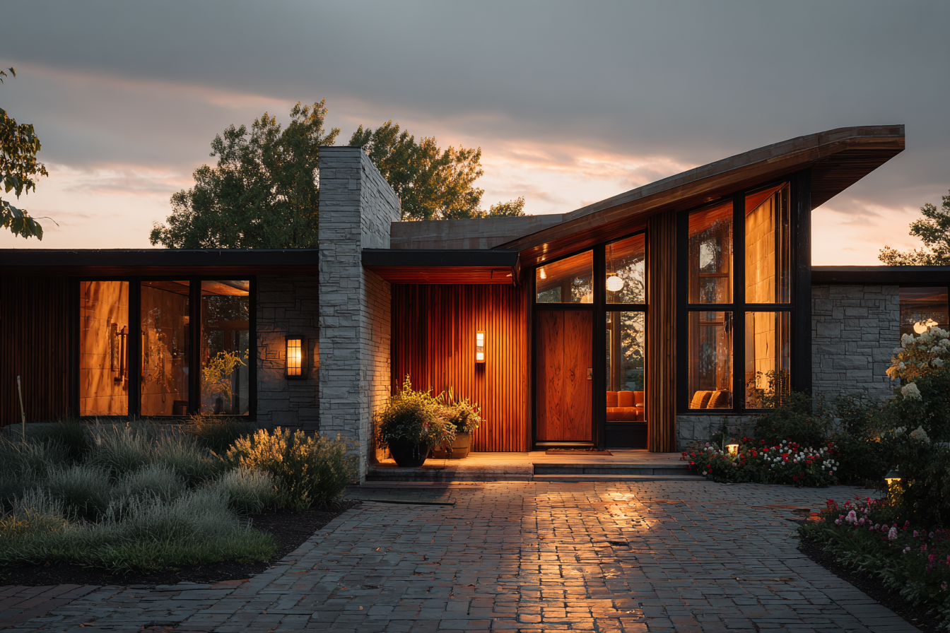 Modern Prairie-style home with angular roofline, rich wood facade, and stone details illuminated by golden sunset light, highlighting geometric balance and warm modernist design.