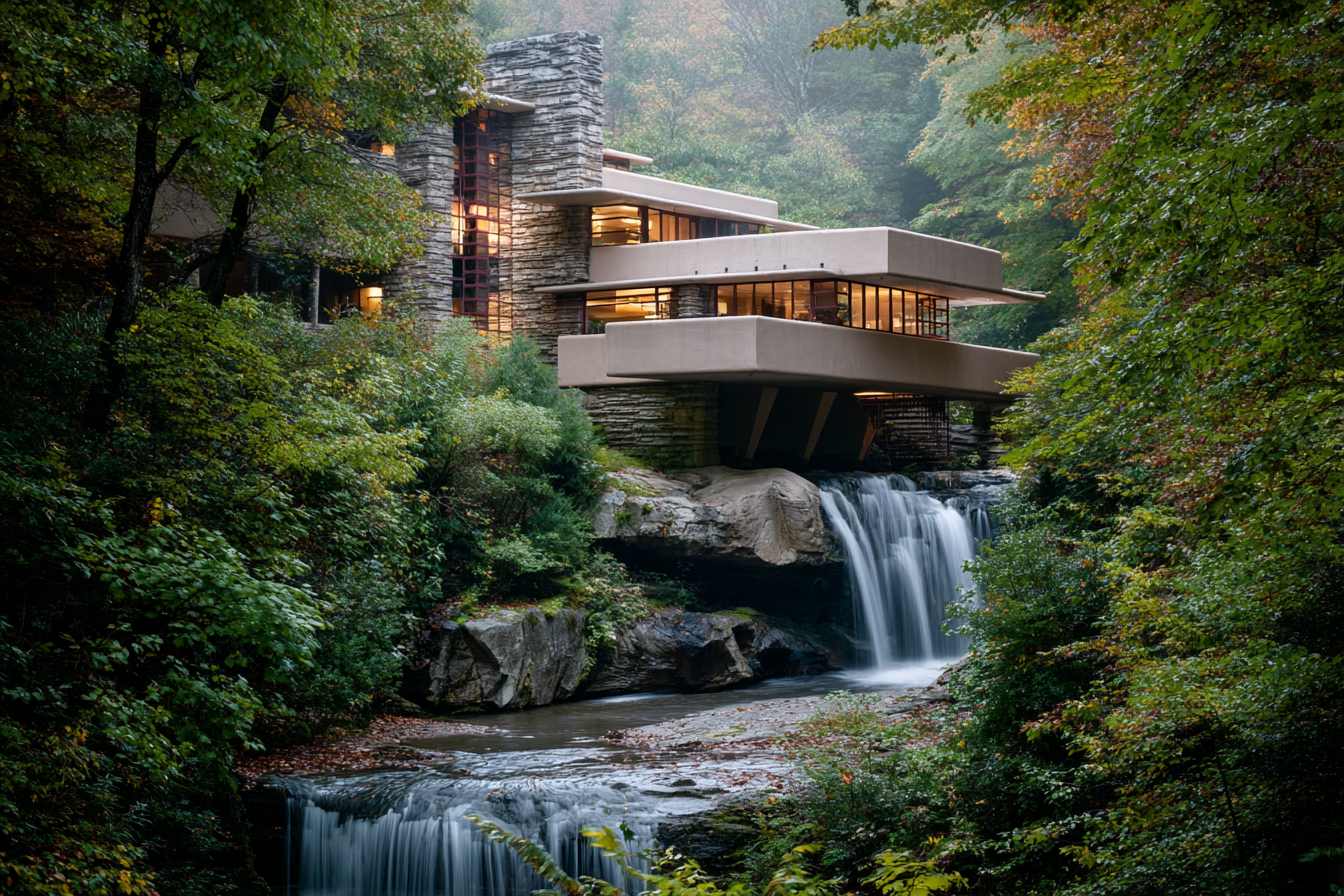 Fallingwater house surrounded by autumn forest and soft mist, with cantilevered terraces above a flowing waterfall, illuminated by gentle morning light in cinematic photoreal detail.