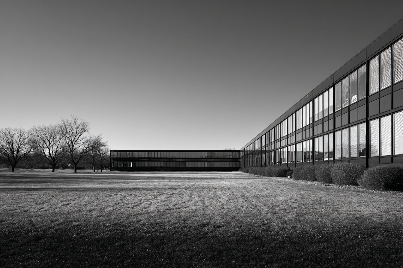 Black and white photo of a modernist building with continuous ribbon windows extending across an open field under a clear sky, showcasing horizontal balance and minimalist design.
