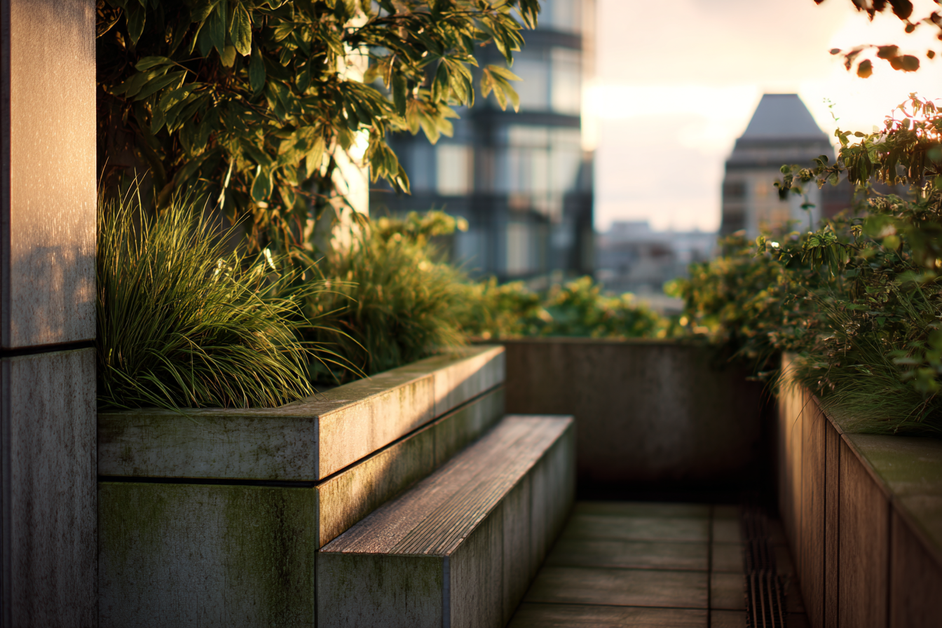 Modern rooftop garden with concrete seating and lush plants, illuminated by soft golden hour light, blending architecture and greenery in a serene urban setting.