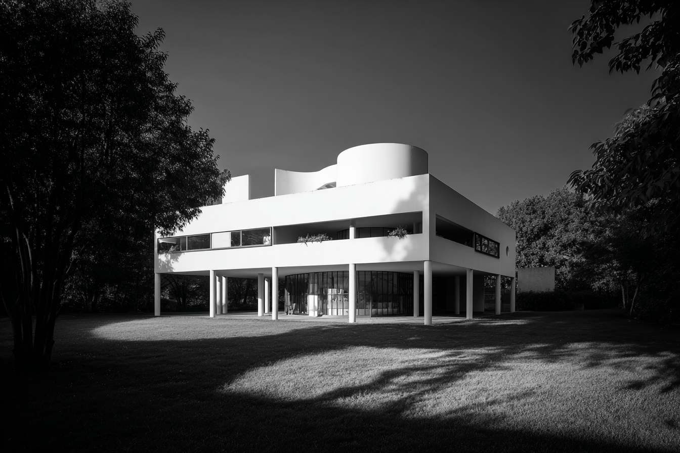 Black-and-white render of Villa Savoye showing its pure white geometric form illuminated by daylight, emphasizing modernist design and architectural precision.