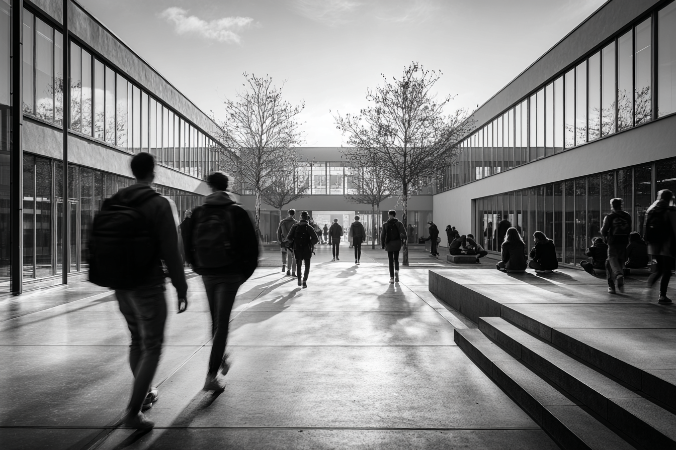Modern Bauhaus courtyard with symmetrical buildings and students walking in morning light, capturing harmony between geometry, shadow, and motion.