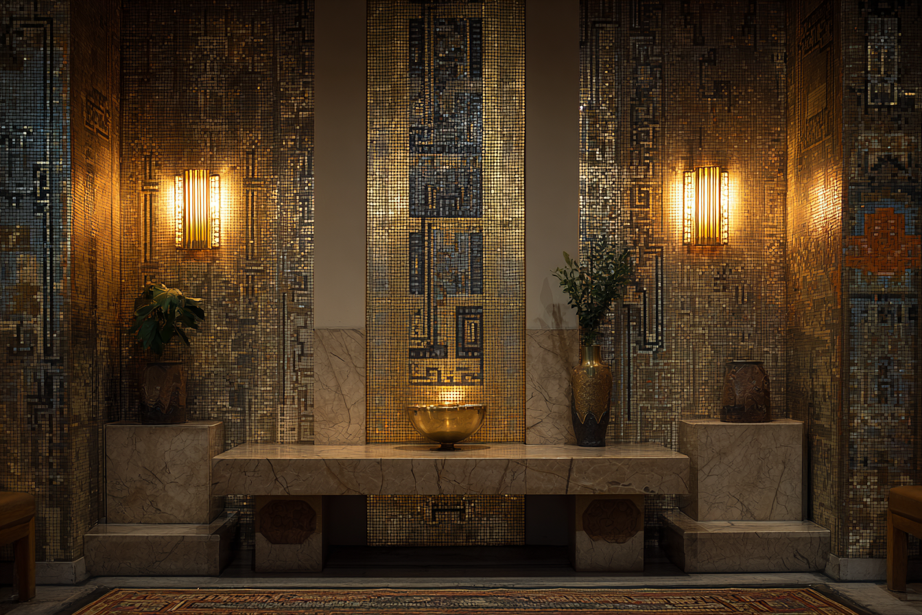 Marble and mosaic wall detail from Stoclet House interior, illuminated by soft golden light with symmetrical design elements and refined Art Nouveau geometry.