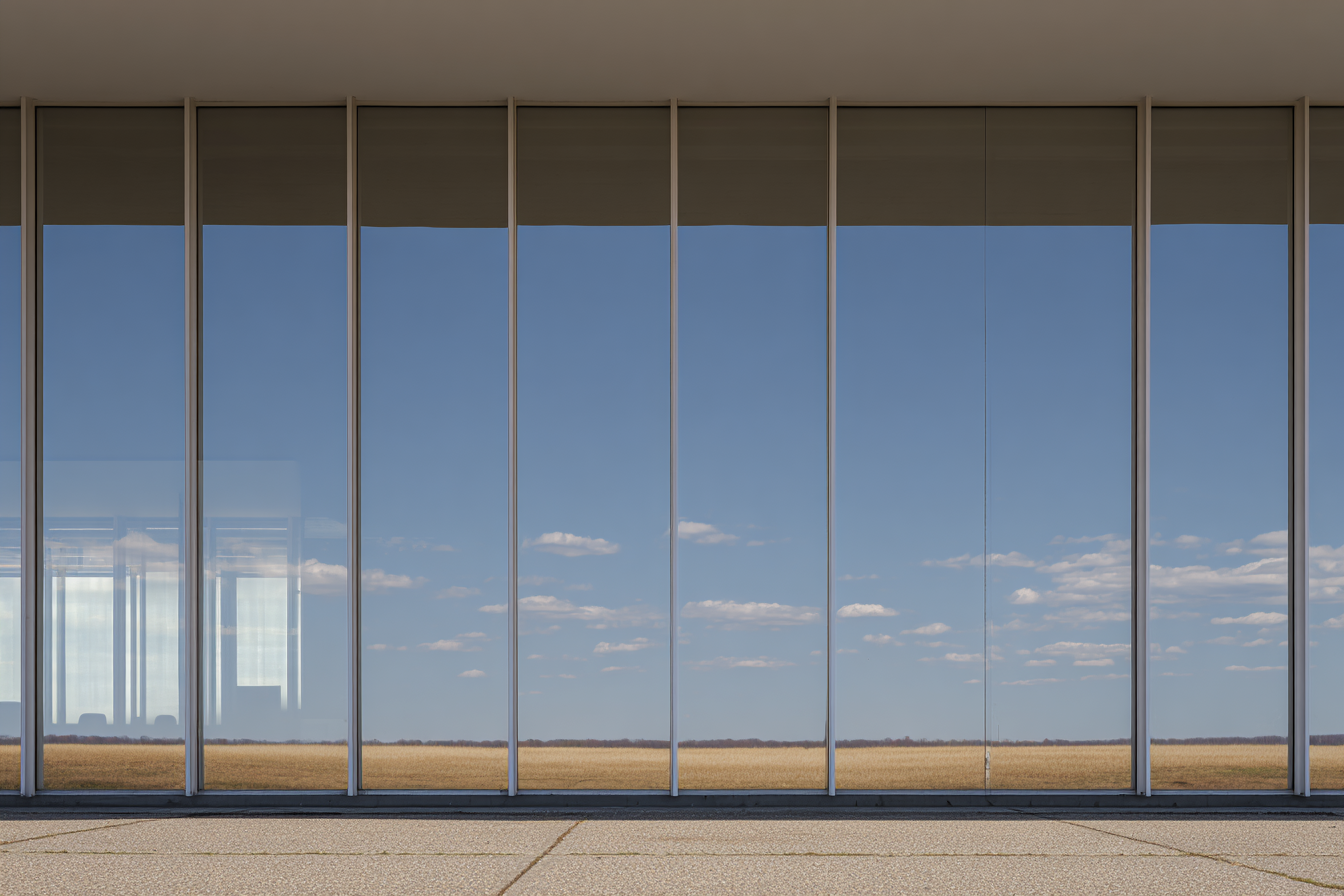 Modern glass façade reflecting open sky and golden field, emphasizing minimalist design, horizontal alignment, and modern architectural clarity.