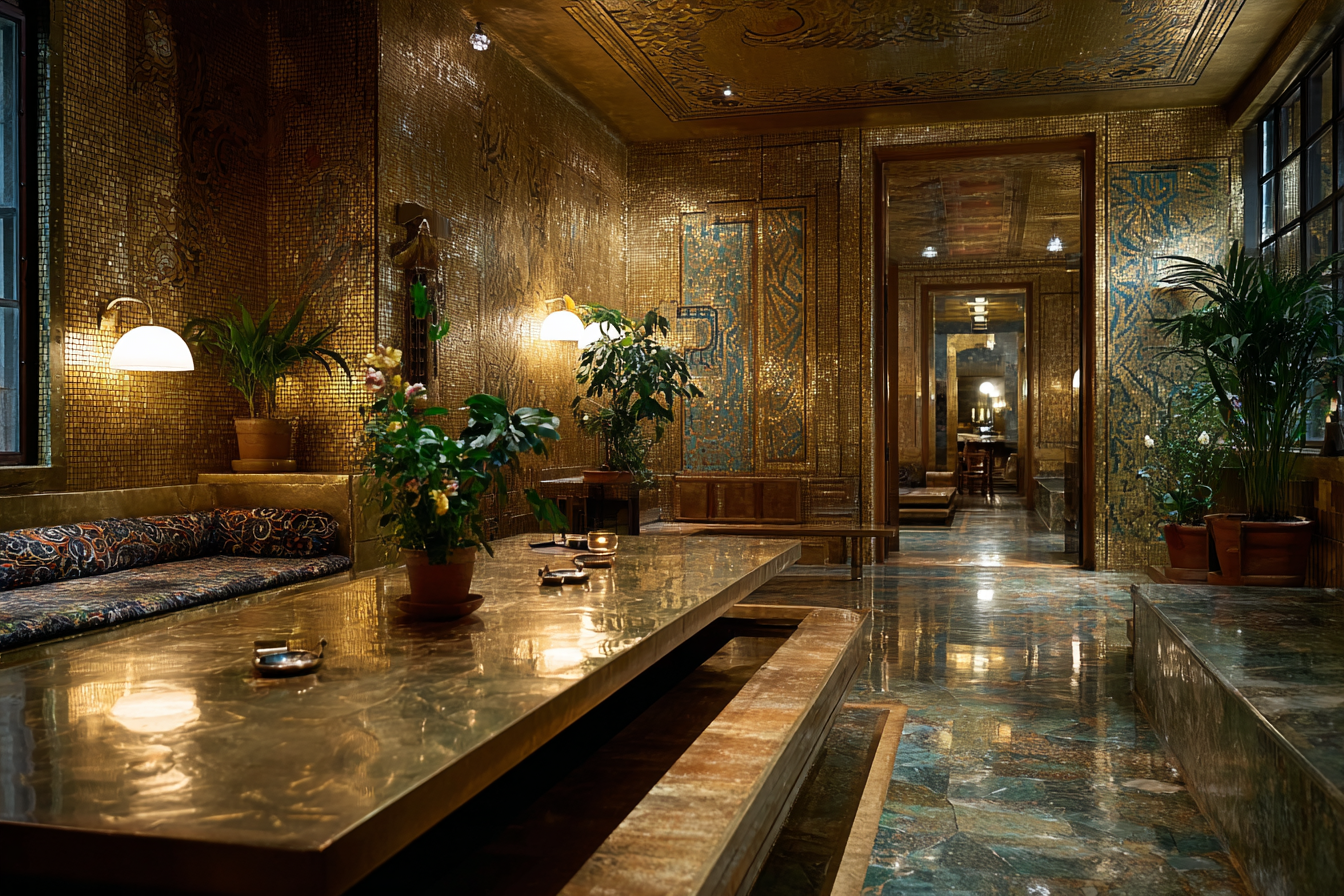 Lounge interior of Stoclet House with golden mosaics, marble surfaces, potted plants, and warm lighting creating a tranquil balance of material and form in Hoffmann’s modernist design.