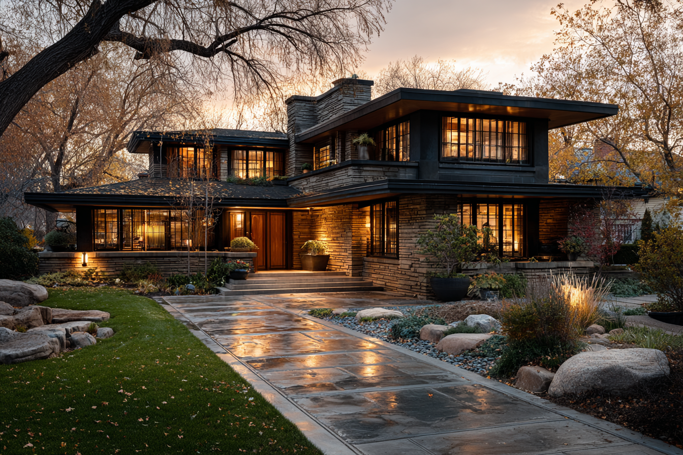 Prairie-style house in warm golden hour light with low horizontal lines, stone and wood exterior, reflecting on a wet pathway, evoking calm modernist design and timeless natural harmony.