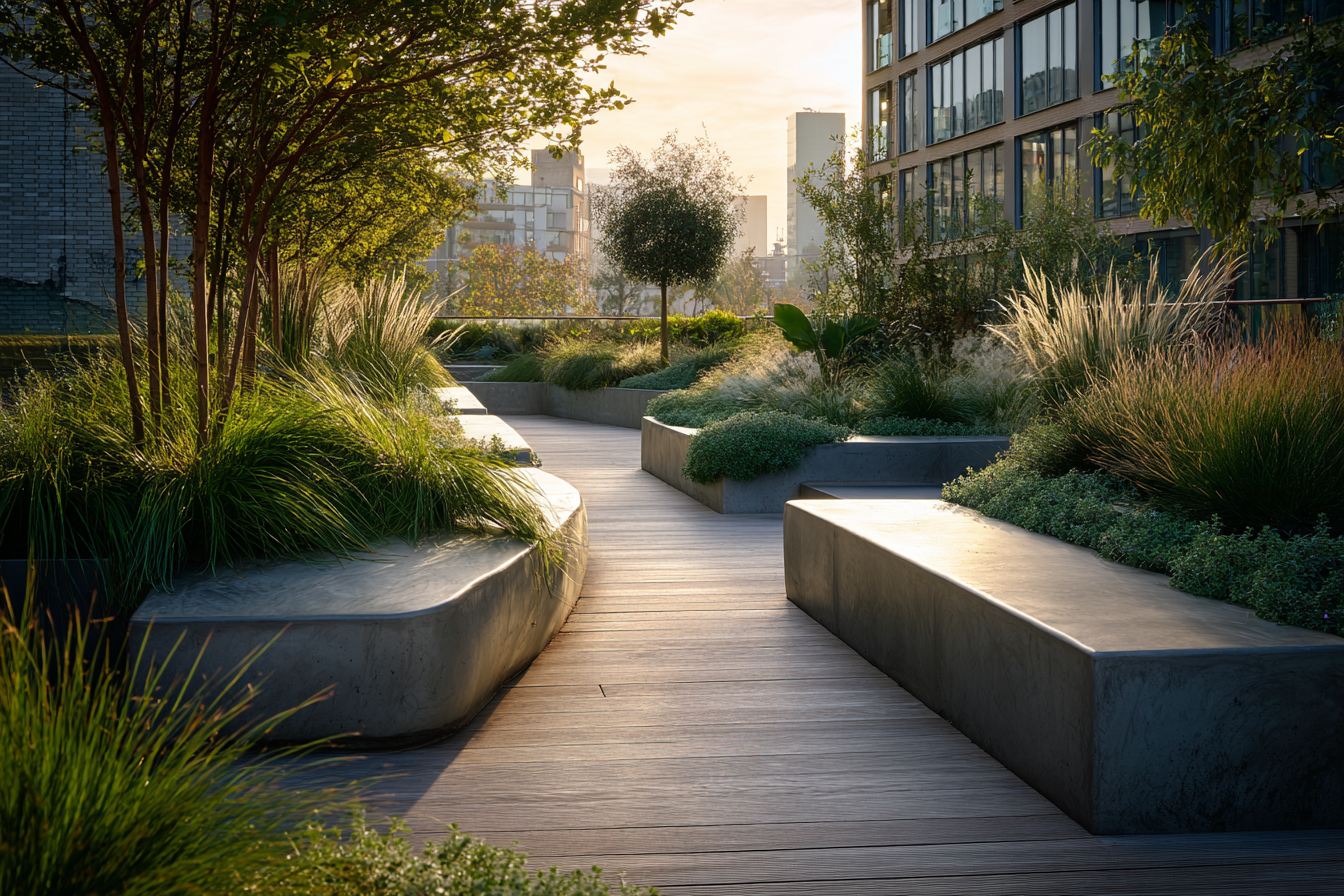 Contemporary rooftop terrace with curved concrete planters, green vegetation, and wooden decking under soft golden sunset light in a modern cityscape.