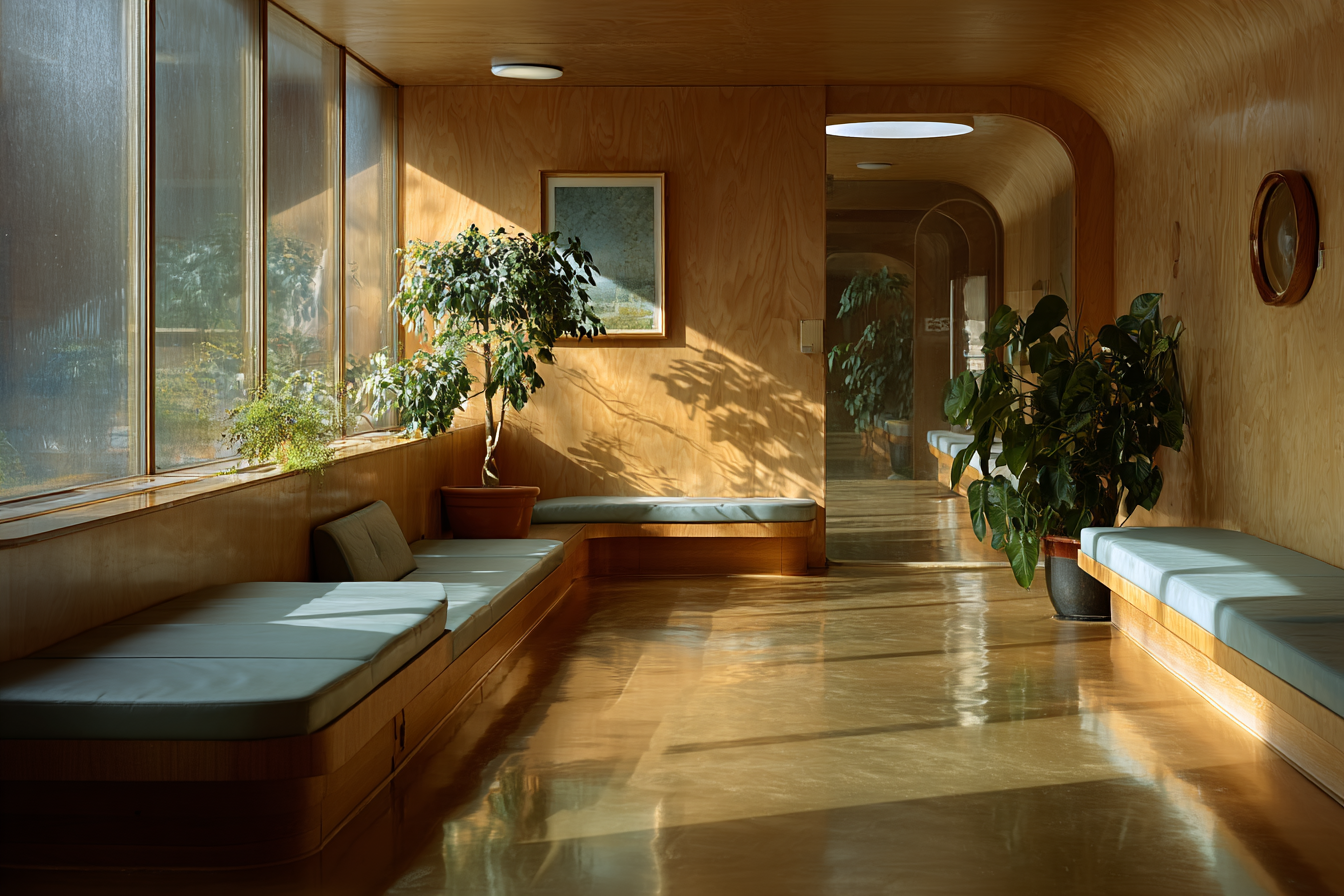 Paimio Sanatorium interior with birch wood walls, soft morning sunlight, built-in seating, and potted plants creating a serene, natural atmosphere inspired by Scandinavian modernism.