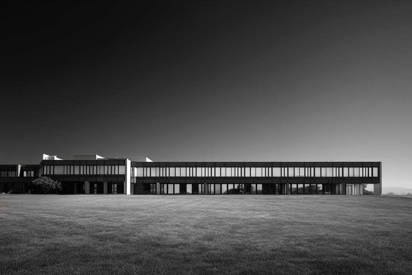 Monochrome modernist architecture with long glass façade and horizontal symmetry under bright noon light, representing balance between architecture and landscape.