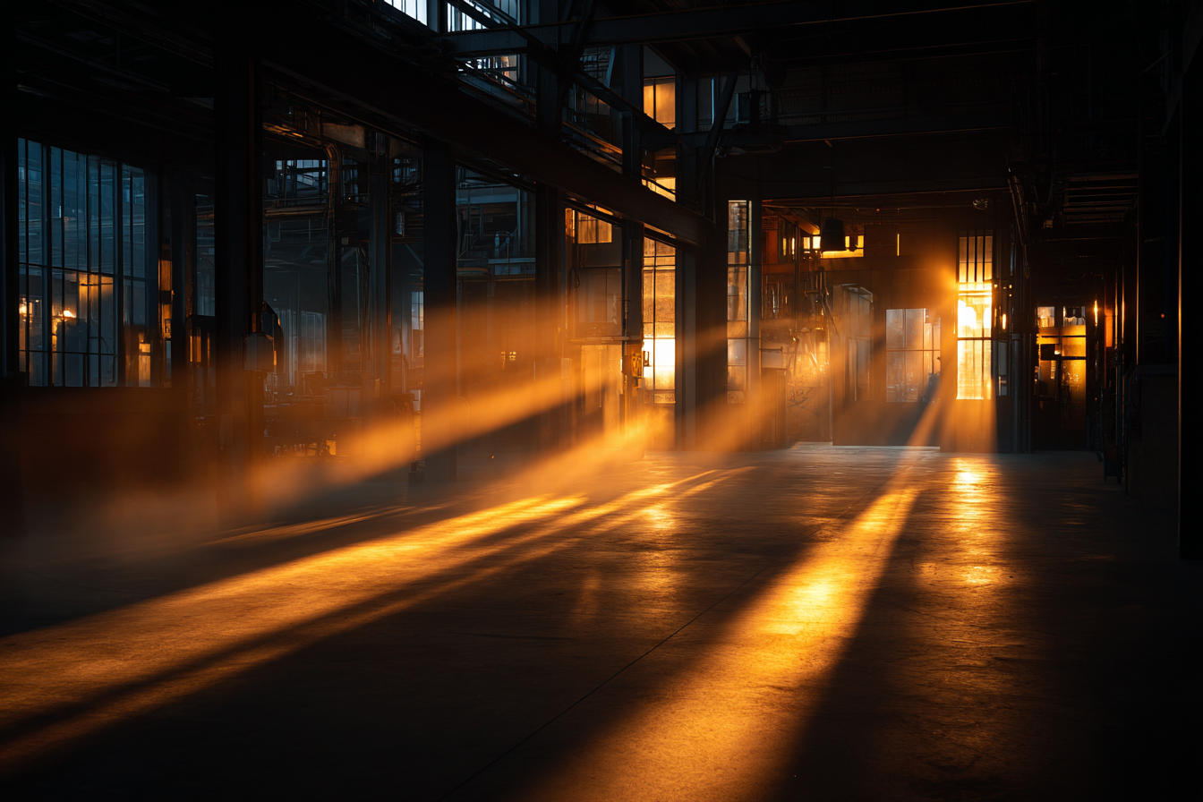 Sunlight streaming across floor of AEG Turbine Factory interior, reflecting off steel beams and concrete, creating cinematic golden tones in early morning light.