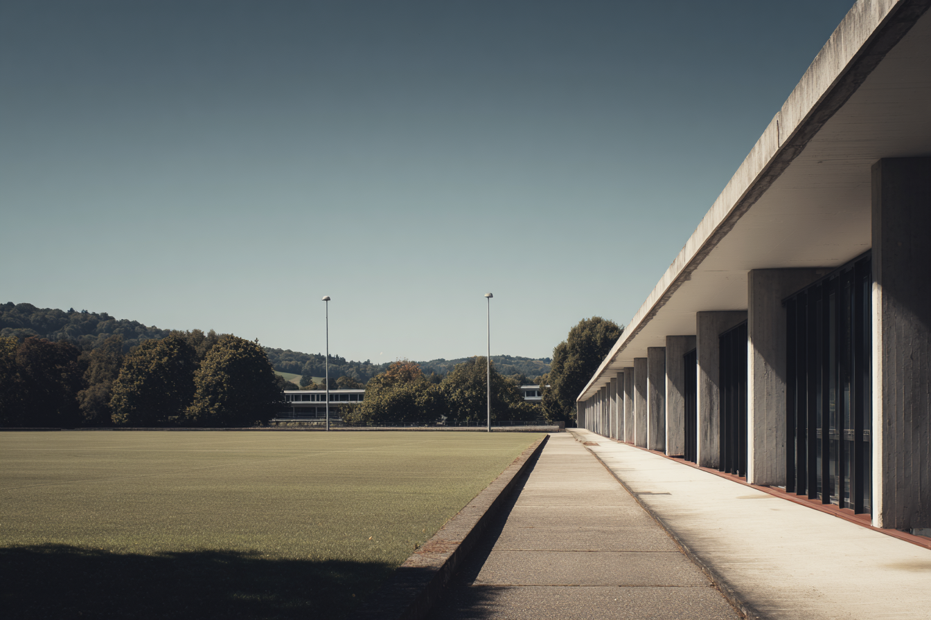 Modernist concrete colonnade and walkway extending into the horizon under clear daylight, emphasizing perspective, proportion, and spatial rhythm.