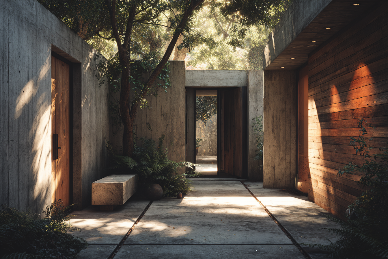 Courtyard walkway framed by trees and concrete walls of Kings Road House, natural light casting patterns of shadow and warmth through modernist design.