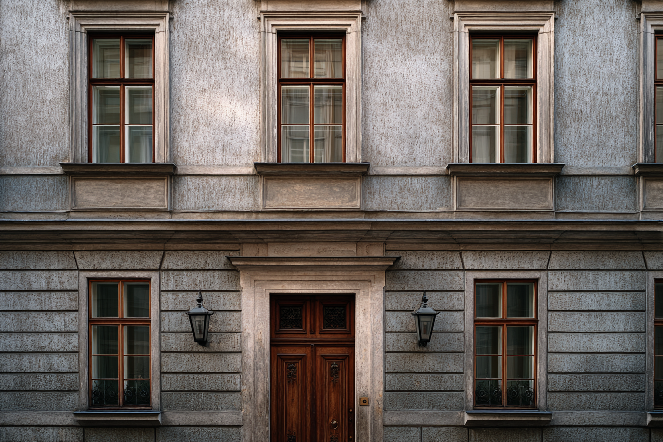 Viennese townhouse façade with soft winter light and symmetrical windows, muted plaster walls, and wooden door, capturing minimalist elegance inspired by Adolf Loos.