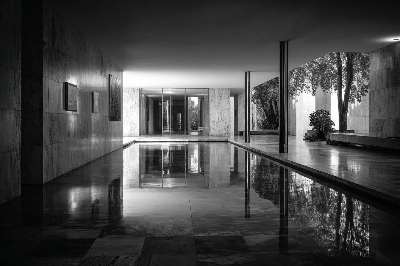 Monochrome view of Barcelona Pavilion with polished stone floor and clean modernist geometry, illuminated by soft even light that creates a serene reflective mood.