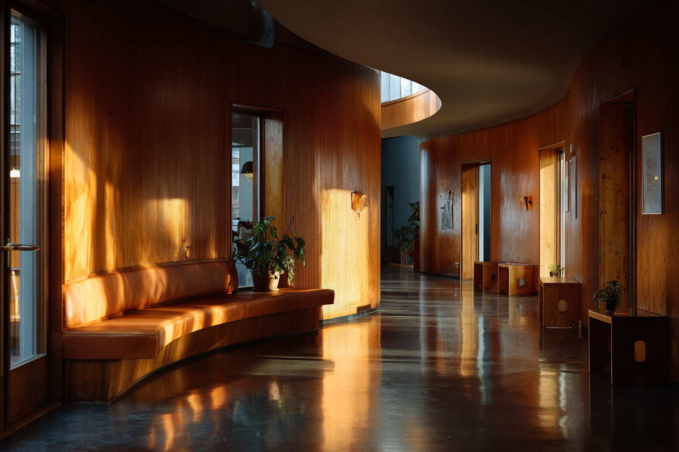 Sunlit hallway of Paimio Sanatorium with curved birch walls, amber reflections, and warm color palette, showing human-centered modernist design focused on healing and comfort.