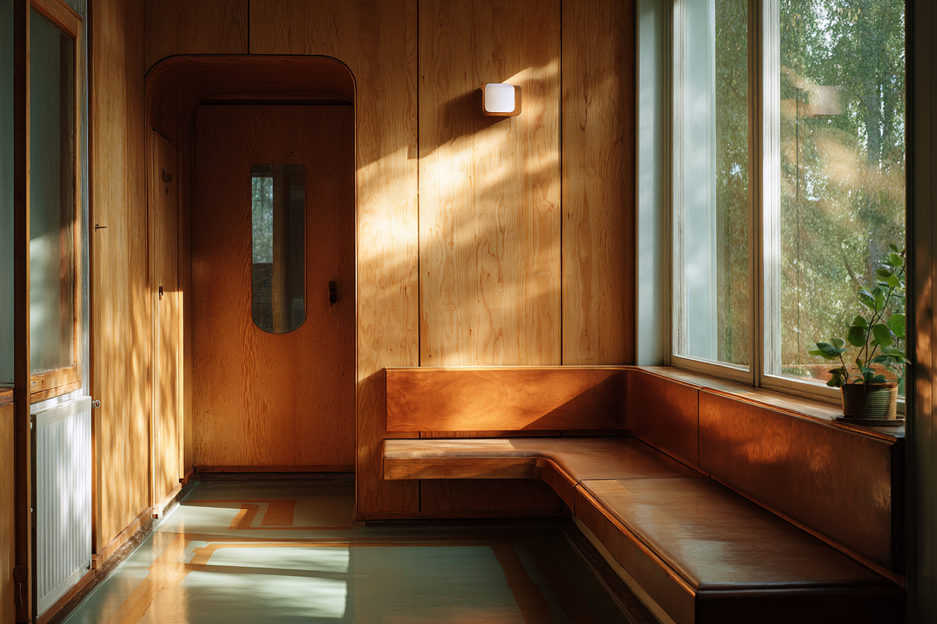Corner interior of Paimio Sanatorium with wooden walls, large windows, and built-in seating in gentle sunlight, evoking Scandinavian modernist warmth and restorative calm.