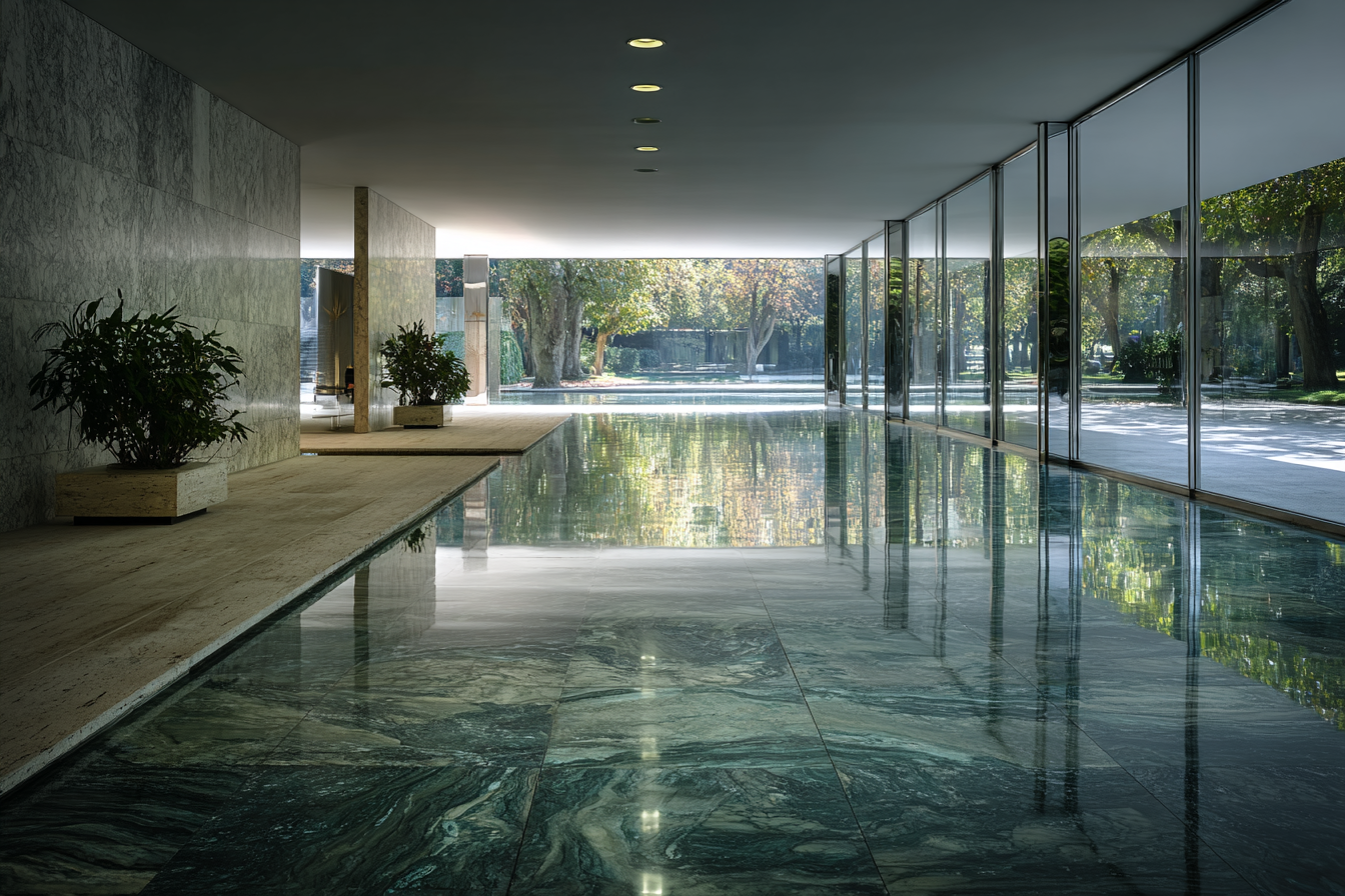 Barcelona Pavilion interior with reflective green marble floor, glass walls, and steel columns under soft daylight, showing symmetrical modernist design and tranquil atmosphere.