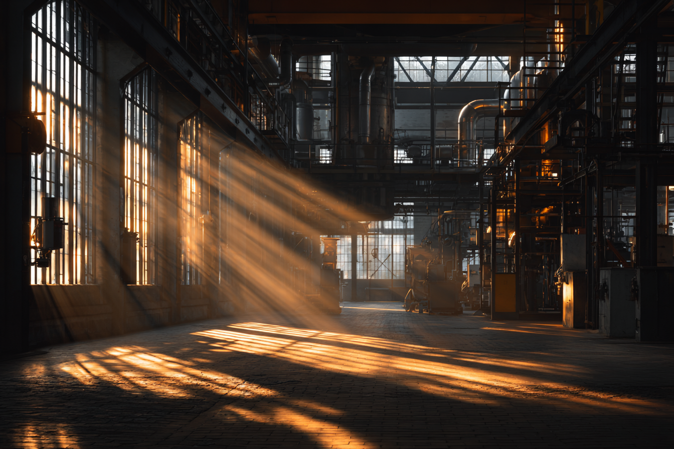 AEG Turbine Factory interior with beams of sunlight streaming through steel girders and warm morning haze, highlighting industrial symmetry and early modern architecture.