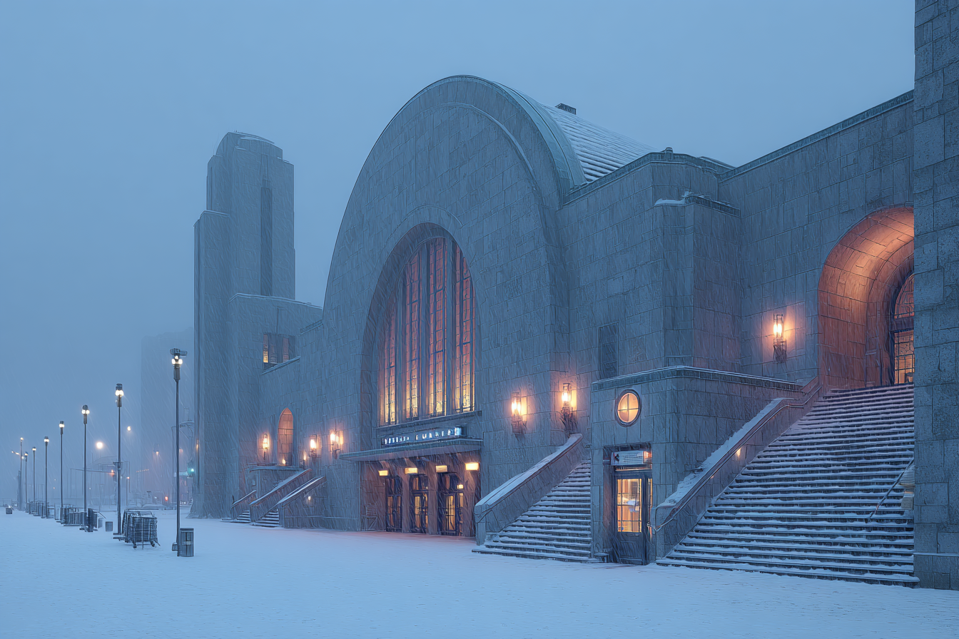 Exterior of Helsinki Central Station during heavy snowfall at dusk, warm lights glowing through arched windows, expressing Saarinen’s design of balance and motion.